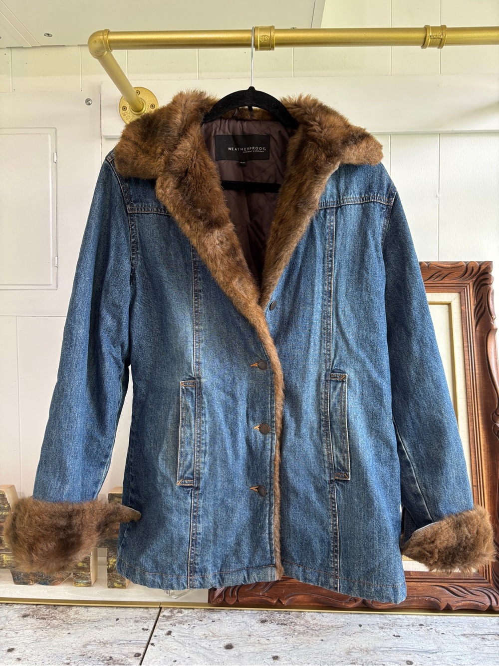 Y2K Penny Lane Denim Jacket Faux Fur Midi Quilted Lined Coat Size Medium